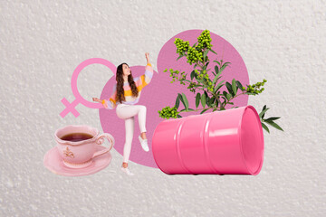 Trend artwork banner sketch photo collage of young lady stand tea cup female sign oil barrel international woman day flower season bloom