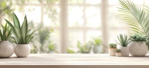 Wooden tabletop with a blurred bokeh background of a modern restaurant interior in light colors and plants. With copy space for product display or montage.