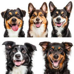 Five distinct dog head portraits showcasing different breeds with expressive faces on a transparent background, five different dog head portraits isolated on transparent background