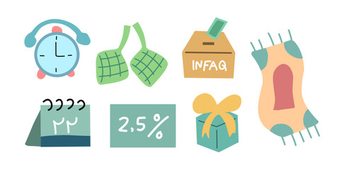 Set of Ramadan Kareem, Eid Mubarak, Happy Iftar, Eid al Adha, and Eid al Fitr flat element. Islamic hand drawn icon sign for Web and App, Graphic Design. Vector illustration