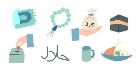 Set of Ramadan Kareem, Eid Mubarak, Happy Iftar, Eid al Adha, and Eid al Fitr flat element. Islamic hand drawn icon sign for Web and App, Graphic Design. Vector illustration