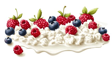 White plate with blueberries and raspberries on top of it. The plate is white and the berries are red