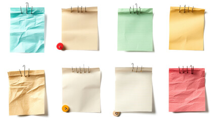 A collection of various blank paper notes isolated on a white background, with different sizes and textures. The papers have pins stuck to them for adding text or images.