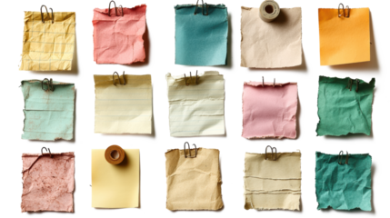 A collection of various blank paper notes isolated on a white background, with different sizes and textures. The papers have pins stuck to them for adding text or images.