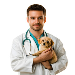 Caring veterinarian holding a small dog in his arms. Gentle, friendly, and professional animal doctor.