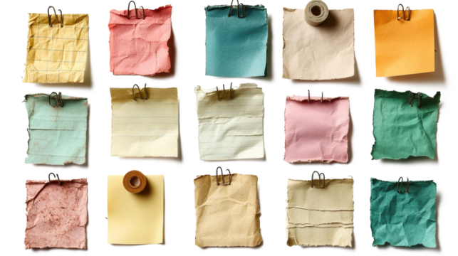 A collection of various blank paper notes isolated on a white background, with different sizes and textures. The papers have pins stuck to them for adding text or images.