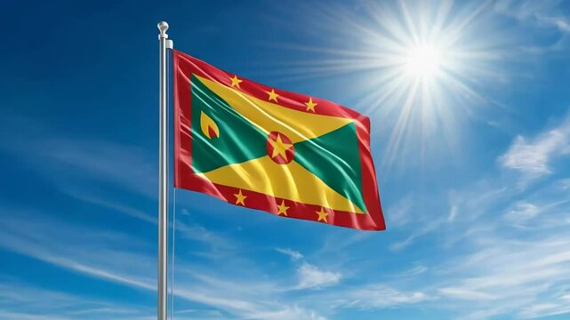 National flag of grenada waving on blue sky, banner on the wind