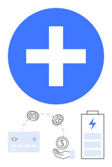 Blue cross symbol, coins moving from credit card to hand, battery with energy symbol. Ideal for financial services, fintech, banking, digital currency, mobile payments, renewable energy technology