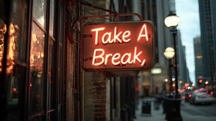 A neon sign reading "Take A Break" illuminates a city street, suggesting a welcoming space for relaxation amidst urban hustle.