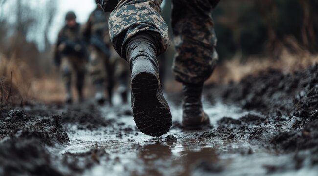 Troops navigate muddy terrain during training exercise in the rain