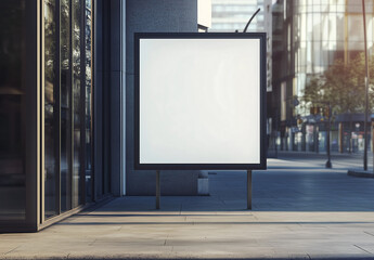 Fototapeta premium Outdoor advertisement billboard mockup placed on a sidewalk in a busy commercial area with glass storefronts and reflections