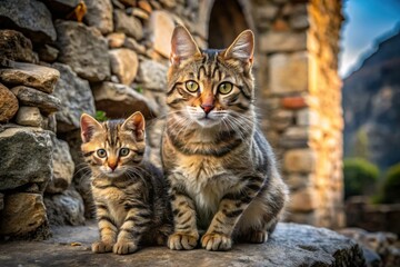Fototapeta premium Ancient ruins become a stage for a breathtaking portrait: a European wildcat mother and her kitten.