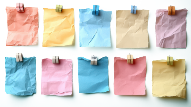 A collection of various blank paper notes isolated on a white background, with different sizes and textures. The papers have pins stuck to them for adding text or images.