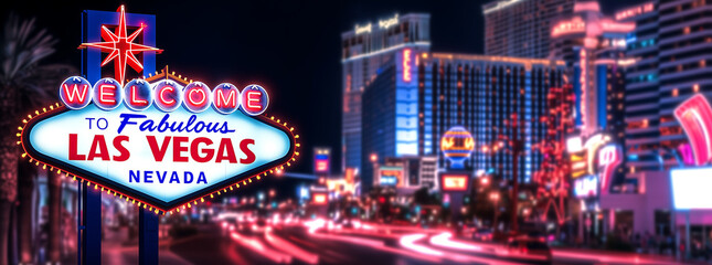 Las Vegas Casino Background with copy space and Iconic Welcome to Las Vegas sign with bright neon lights and city skyline at night, gambling concept
