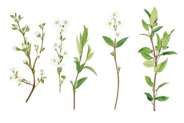 Illustration of various parts of Spiraea plant showing flowers, leaves, and stems in detail
