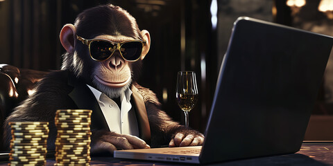 Sophisticated chimpanzee wearing sunglasses and a suit, playing poker at a laptop with stacks of poker chips, humorous concept