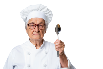Grumpy elderly Italian grandmother chef waving spoon isolated on transparent white background