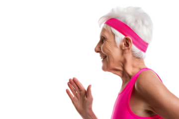 Energetic elderly White female marathon runner isolated on transparent white background