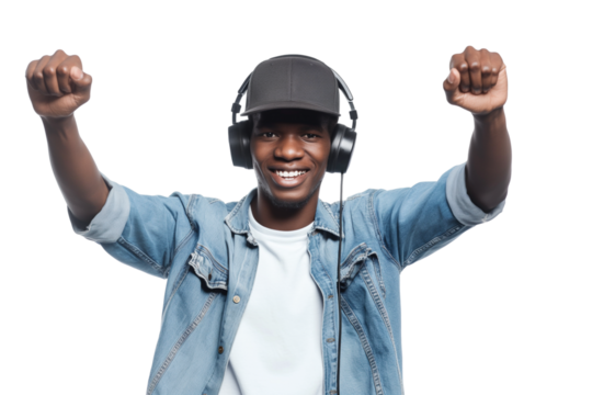 Excited young Black male DJ raising both hands isolated on transparent white background