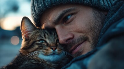 A man shares a gentle embrace with his cat, capturing a moment of serene affection and companionship that showcases the quiet joy brought by beloved pets in everyday life.