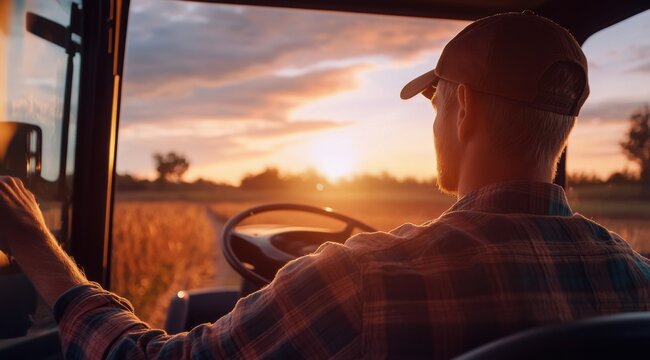 Farmer driving tractor at sunset in rural landscape