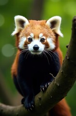 Obraz premium red panda perched on tree branch in lush green forest. vibrant color contrasts of fur against blurred natural background. wildlife, nature
