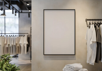 Large vertical blank poster mockup in a stylish clothing store with modern interior design, ideal for branding, promotions, and retail advertising