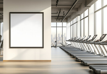 Large blank poster mockup on a gym wall with treadmills in a modern fitness center, ideal for branding, advertisements, and motivational content