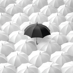 Standout black umbrella among a pattern of white umbrellas, concept of individuality, uniqueness, and leadership