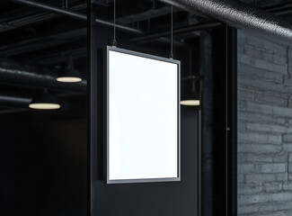 Blank hanging vertical mockup sign in an industrial-style interior with black metal framing and exposed ceiling pipes