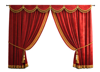 Red velvet curtain, open Red stage curtain, photo, png isolated on transparent background