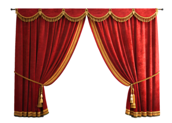 Red velvet curtain, open Red stage curtain, photo, png isolated on transparent background