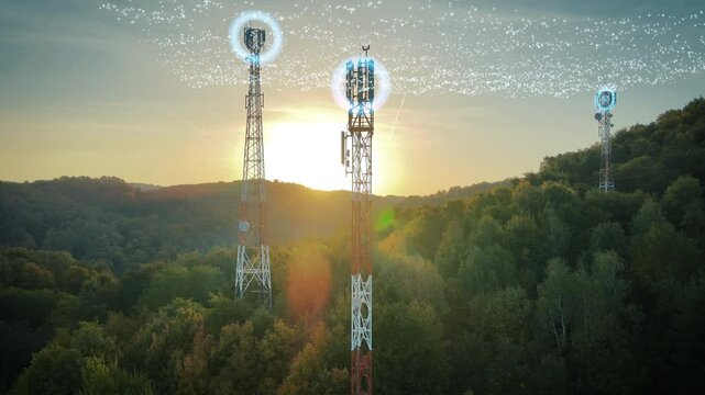 Three communication towers create a digital network of data streams over a sunlit mountain landscape. Symbolizing advanced connectivity, wireless technology, and the fusion of nature with modern commu