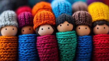 A delightful collection of handcrafted dolls wrapped in colorful knitted hats, showcasing creativity and artistic craftsmanship, each one reflecting unique personality and charm.