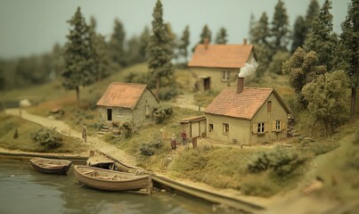 Miniature Village Model Rustic Houses and Canal Boats in Soft Lighting