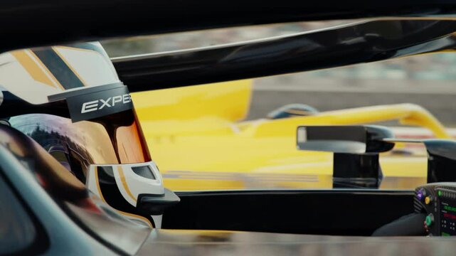 Side view close-up of a race car driver wearing a protective helmet driving along the race track and passing another race car. 3d animation rendering. New 2025 black and gold race car design