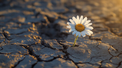 Lone white daisy with a yellow center growing in cracked dry soil, symbolizing resilience, hope, and survival in harsh conditions, representing environmental issues, drought, climate change