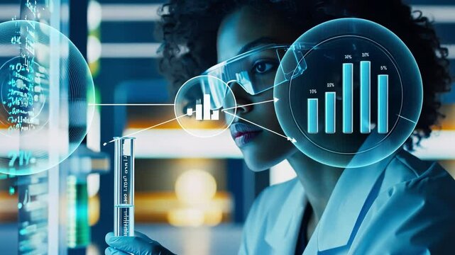 A scientist analyzing chemical compounds in a test tube, surrounded by advanced biotechnology equipment.