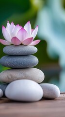 Fototapeta premium A serene stack of smooth stones topped with a delicate pink lotus flower against a soft green backdrop.