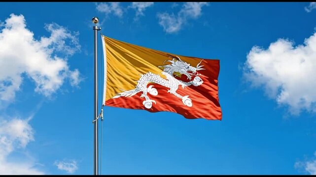 National flag of Buthan waving on blue sky, banner on the wind