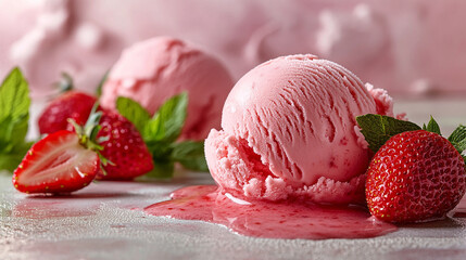 A scoop of strawberry ice cream with a melting edge