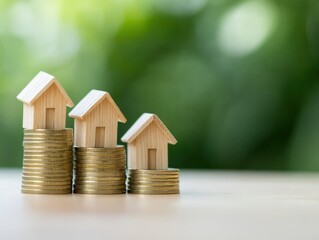 Wooden houses on stacks of coins concept