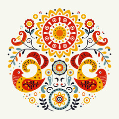 Traditional Folk Art Pattern with Decorative Birds, Ornamental Sun and Floral Elements. A vibrant vector illustration featuring a symmetrical folk art design for Maslenitsa