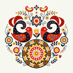 Traditional Folk Art Pattern with Decorative Birds, Ornamental Sun and Floral Elements. A vibrant vector illustration featuring a symmetrical folk art design for Maslenitsa