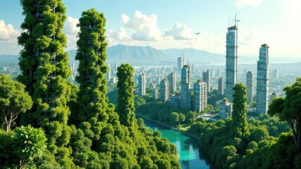 Fototapeta premium futuristic cityscape with tall, green skyscrapers surrounded by lush, dense trees. urban landscape with mountains in background. eco-friendly architecture. urban planning, sustainable city design.
