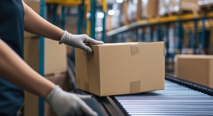 A worker carefully places cardboard boxes onto a conveyor belt in a bustling warehouse environment, ensuring efficient processing