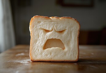 A Slice of Bread with an Angry Face Carved into the Center, Unique Expression for Food Photography and Culinary Concepts