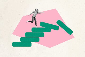 Contemporary art banner collage of happy businesswoman run career ladder development chart progress...