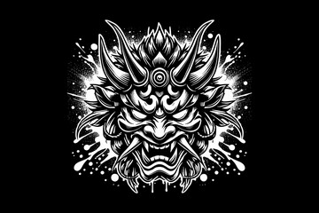 Fototapeta premium Scary oni mask with splash dark art black and white illustration design