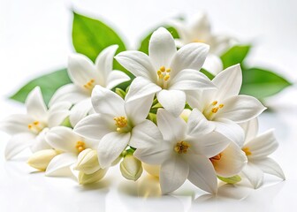 Abstract white Millingtonia hortensis blooms, Indian cork tree blossoms against a pure white backdrop.